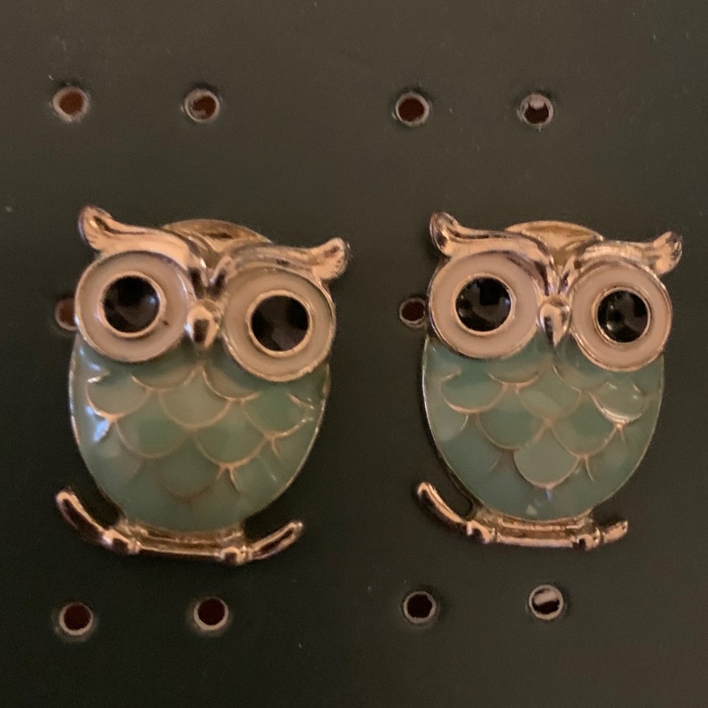 Seafoam and gold enamel Y2K owl stud earrings